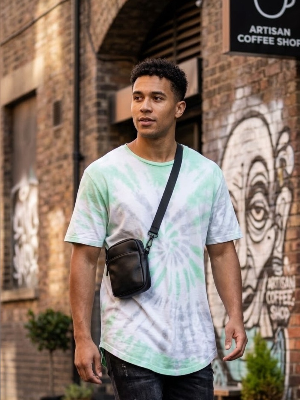 Cotton On Men’s Mint and Grey Spiral Tie Dye Short- Sleeve T Shirt Longline Xl